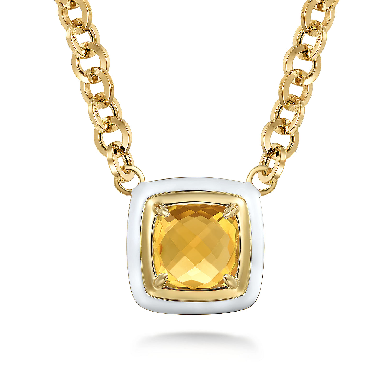 14K Yellow Gold Citrine Cushion Cut Necklace With Flower Pattern J-Back and White Enamel