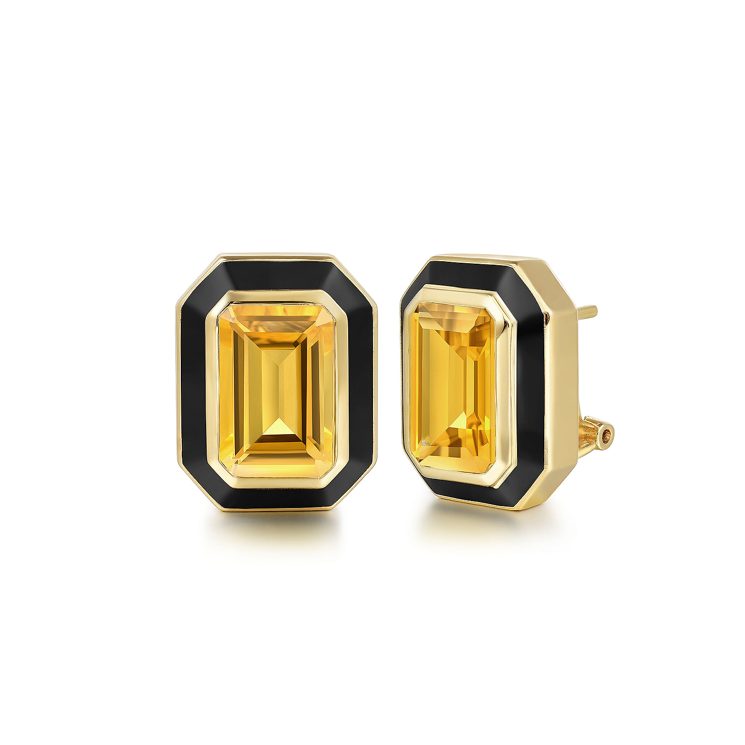 14K Yellow Gold Citrine Emerald Cut Earrings With Flower Pattern J-Back and Black Enamel