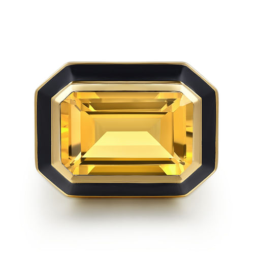 14K Yellow Gold Citrine Emerald Cut Ladies Ring With Flower Pattern J-Back and Black Enamel