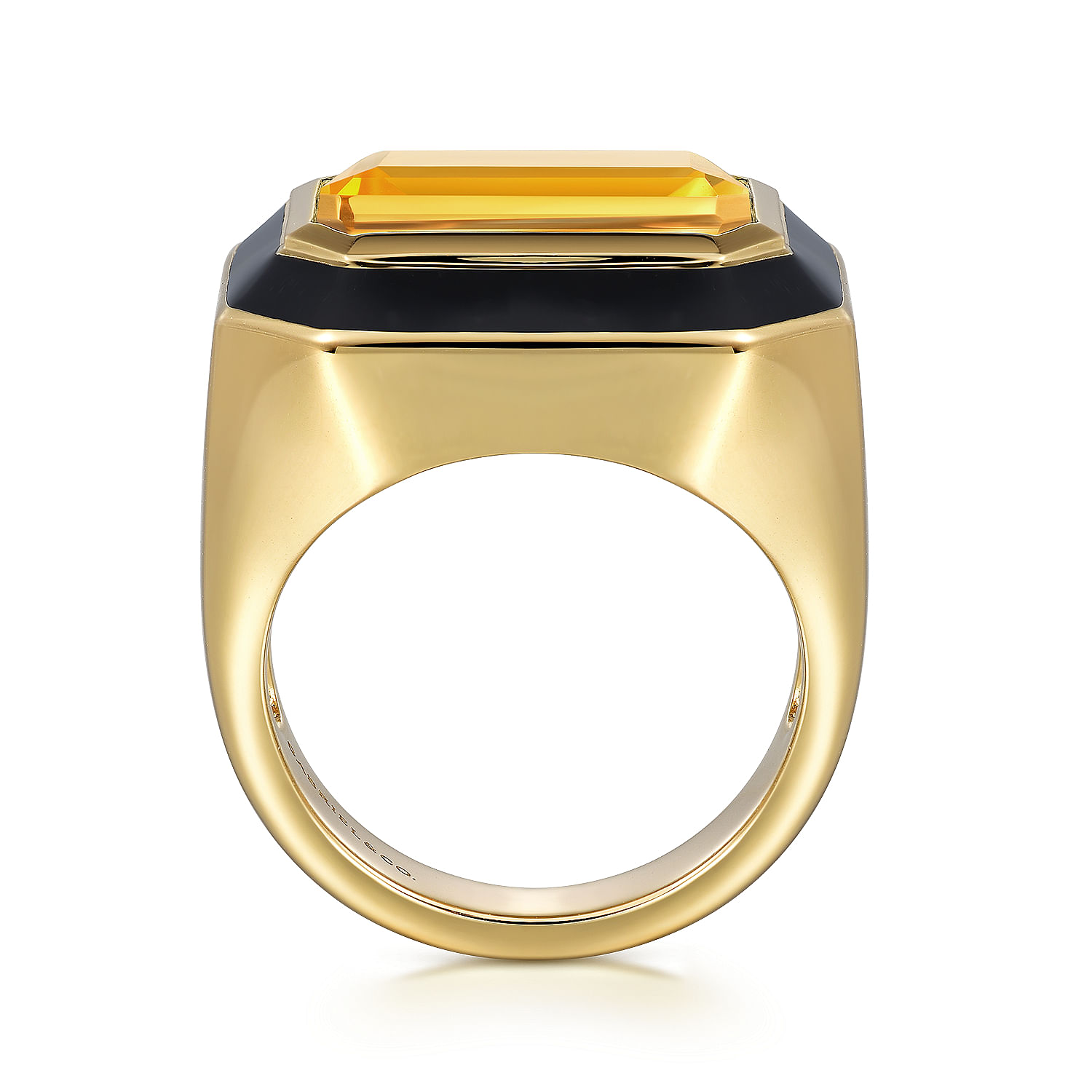14K Yellow Gold Citrine Emerald Cut Ladies Ring With Flower Pattern J-Back and Black Enamel