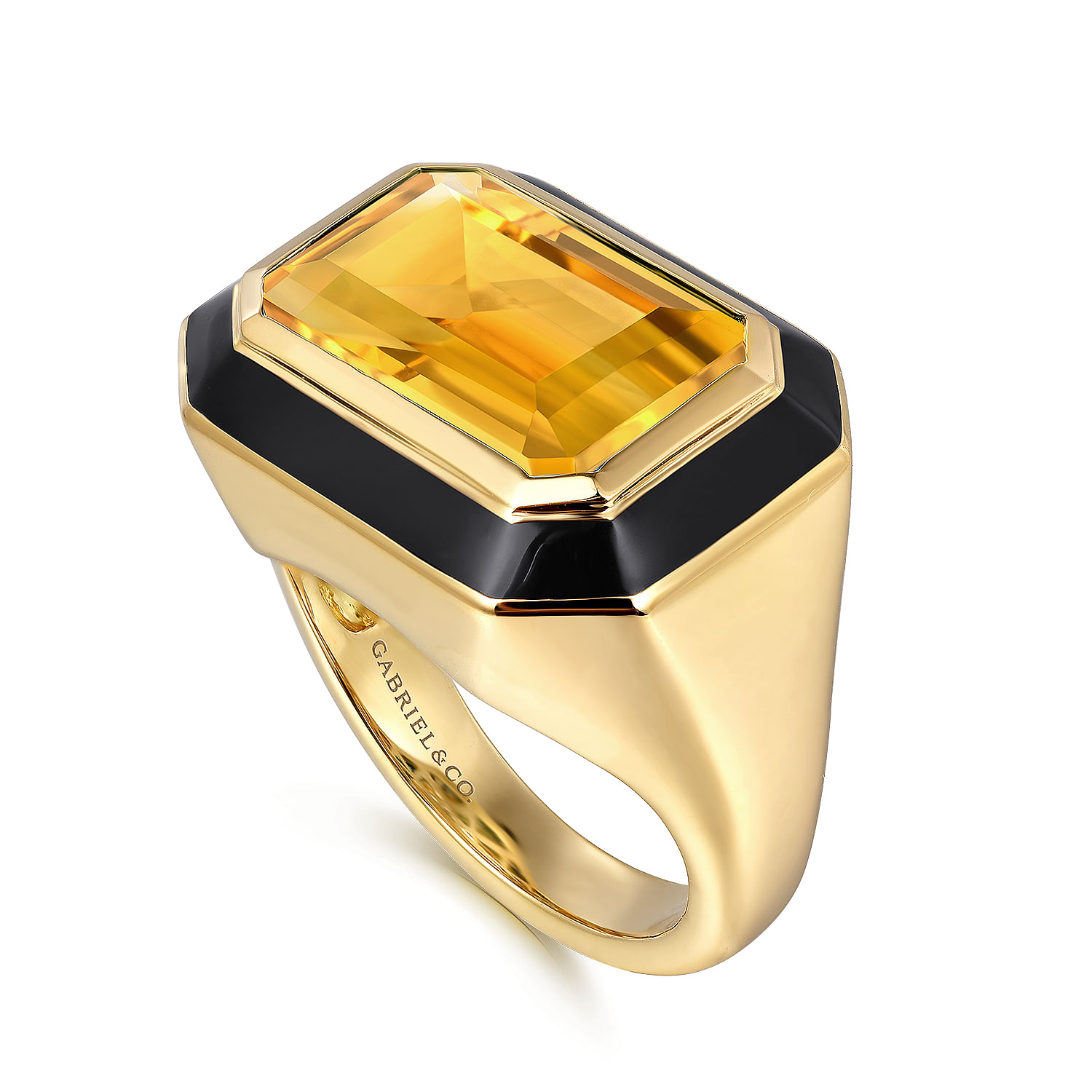 14K Yellow Gold Citrine Emerald Cut Ladies Ring With Flower Pattern J-Back and Black Enamel