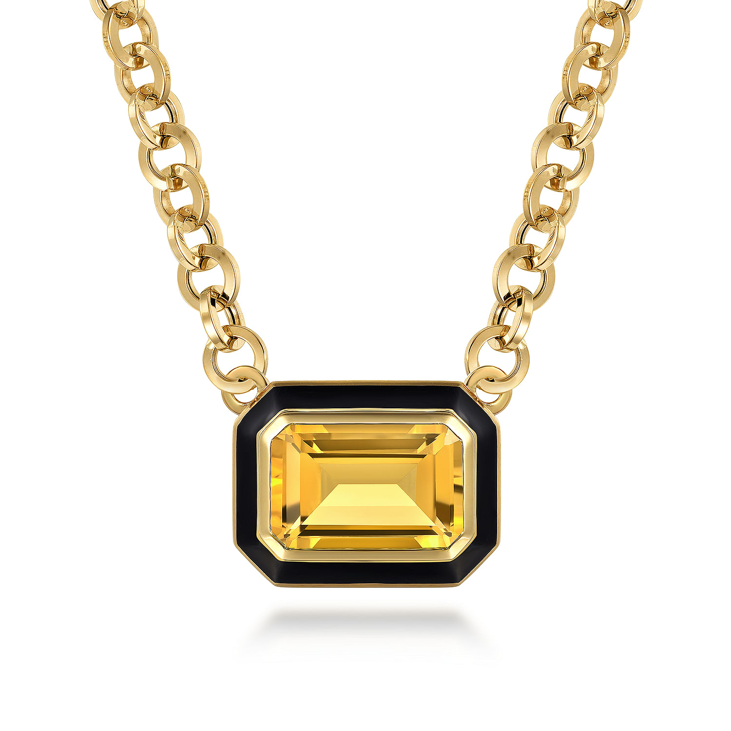 14K Yellow Gold Citrine Emerald Cut Necklace With Flower Pattern J-Back and Black Enamel