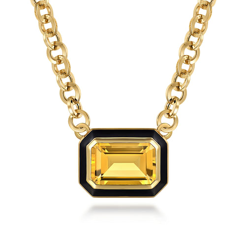 14K Yellow Gold Citrine Emerald Cut Necklace With Flower Pattern J-Back and Black Enamel