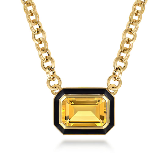 Gabriel - 14K Yellow Gold Citrine Emerald Cut Necklace With Flower Pattern J-Back and Black Enamel