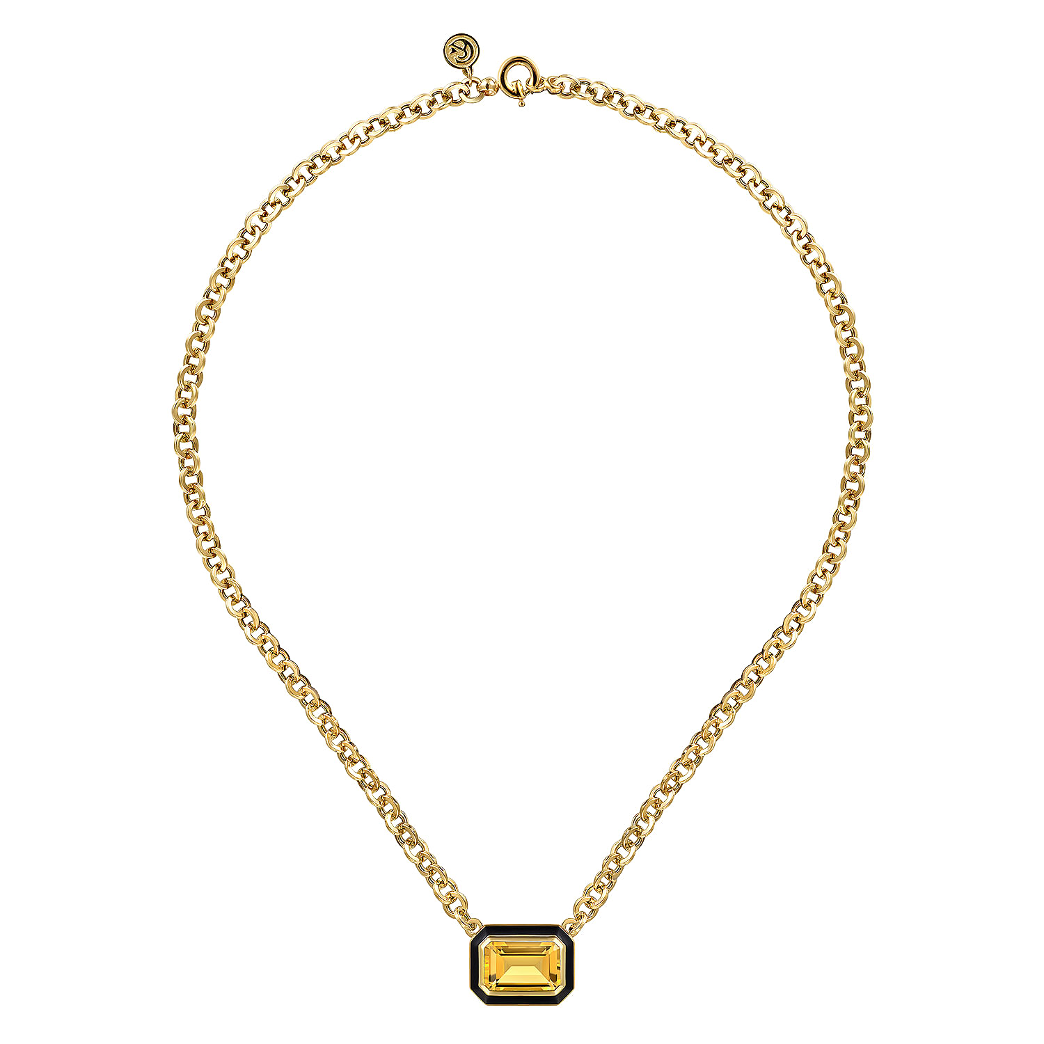 14K Yellow Gold Citrine Emerald Cut Necklace With Flower Pattern J-Back and Black Enamel