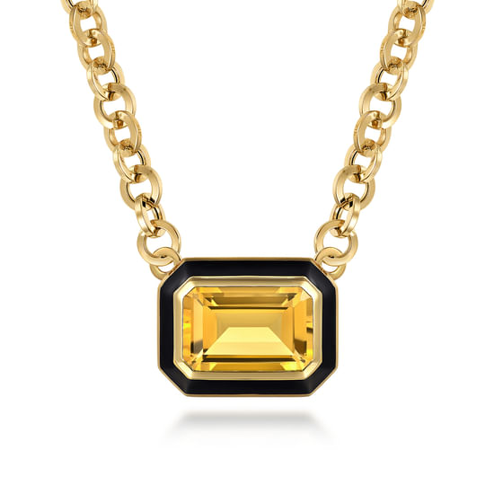 Gabriel - 14K Yellow Gold Citrine Necklace With Flower Pattern J-Back and Black Enamel