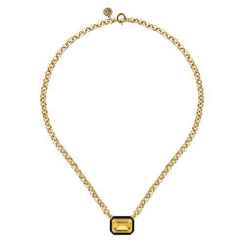 14K Yellow Gold Citrine Necklace With Flower Pattern J-Back and Black Enamel