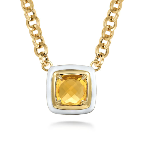 14K Yellow Gold Citrine Necklace With Flower Pattern J-Back and White Enamel