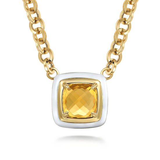 Gabriel - 14K Yellow Gold Citrine Necklace With Flower Pattern J-Back and White Enamel