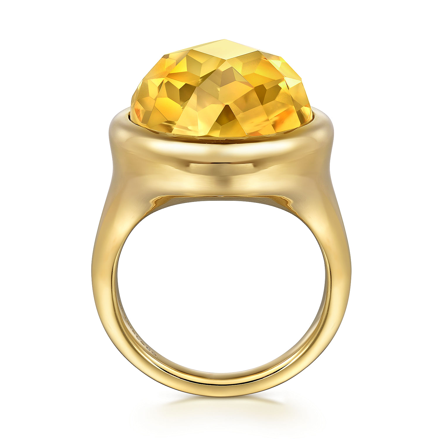 14K Yellow Gold Citrine Round Shape Ladies Ring With Flower Pattern J-Back