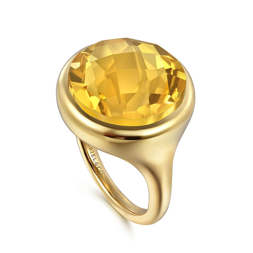 14K Yellow Gold Citrine Round Shape Ladies Ring With Flower Pattern J-Back