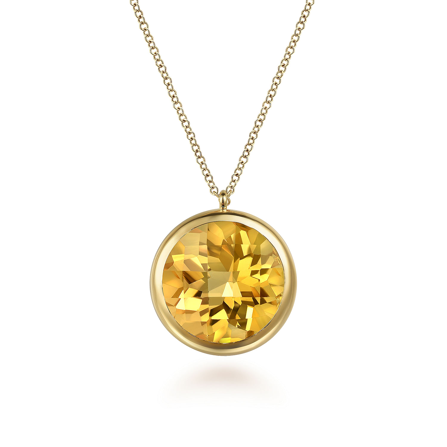 14K Yellow Gold Citrine Round Shape Necklace With Flower Pattern J-Back
