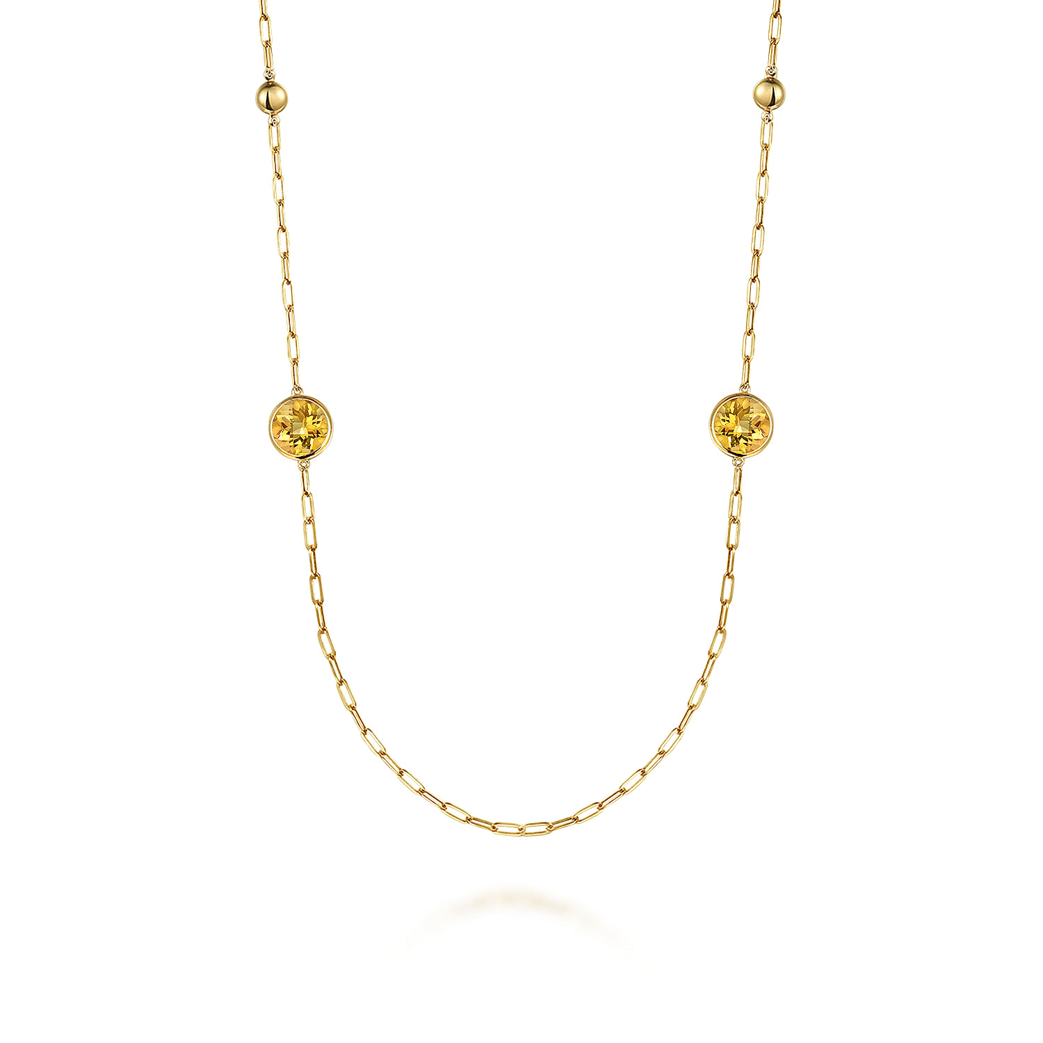 14K Yellow Gold Citrine Round Shape Necklace With Four Stations ,Beads and Bezel Setting
