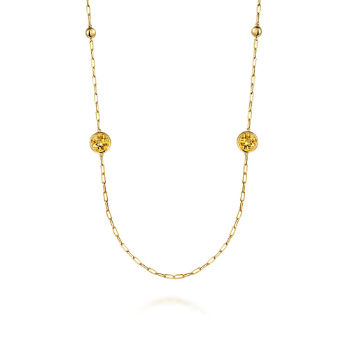 14K Yellow Gold Citrine Round Shape Necklace With Four Stations ,Beads and Bezel Setting