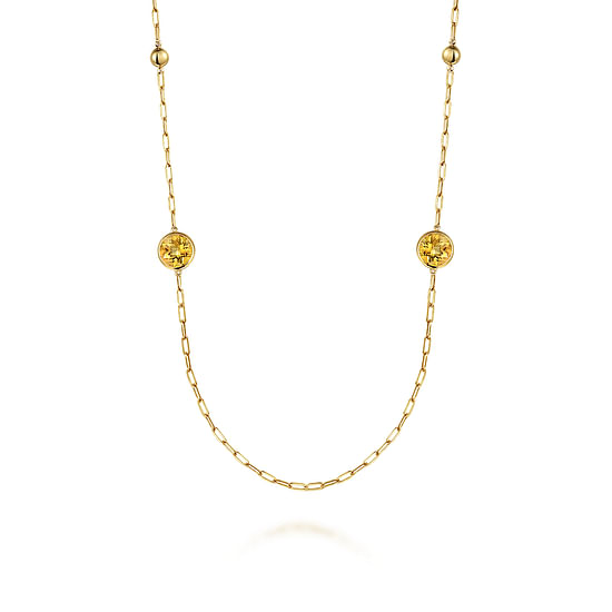 Gabriel - 14K Yellow Gold Citrine Round Shape Necklace With Four Stations ,Beads and Bezel Setting