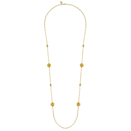 14K Yellow Gold Citrine Round Shape Necklace With Four Stations ,Beads and Bezel Setting