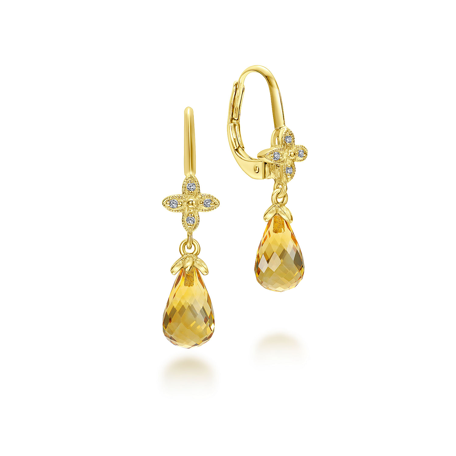 14K Yellow Gold Citrine and Diamond Drop Earrings