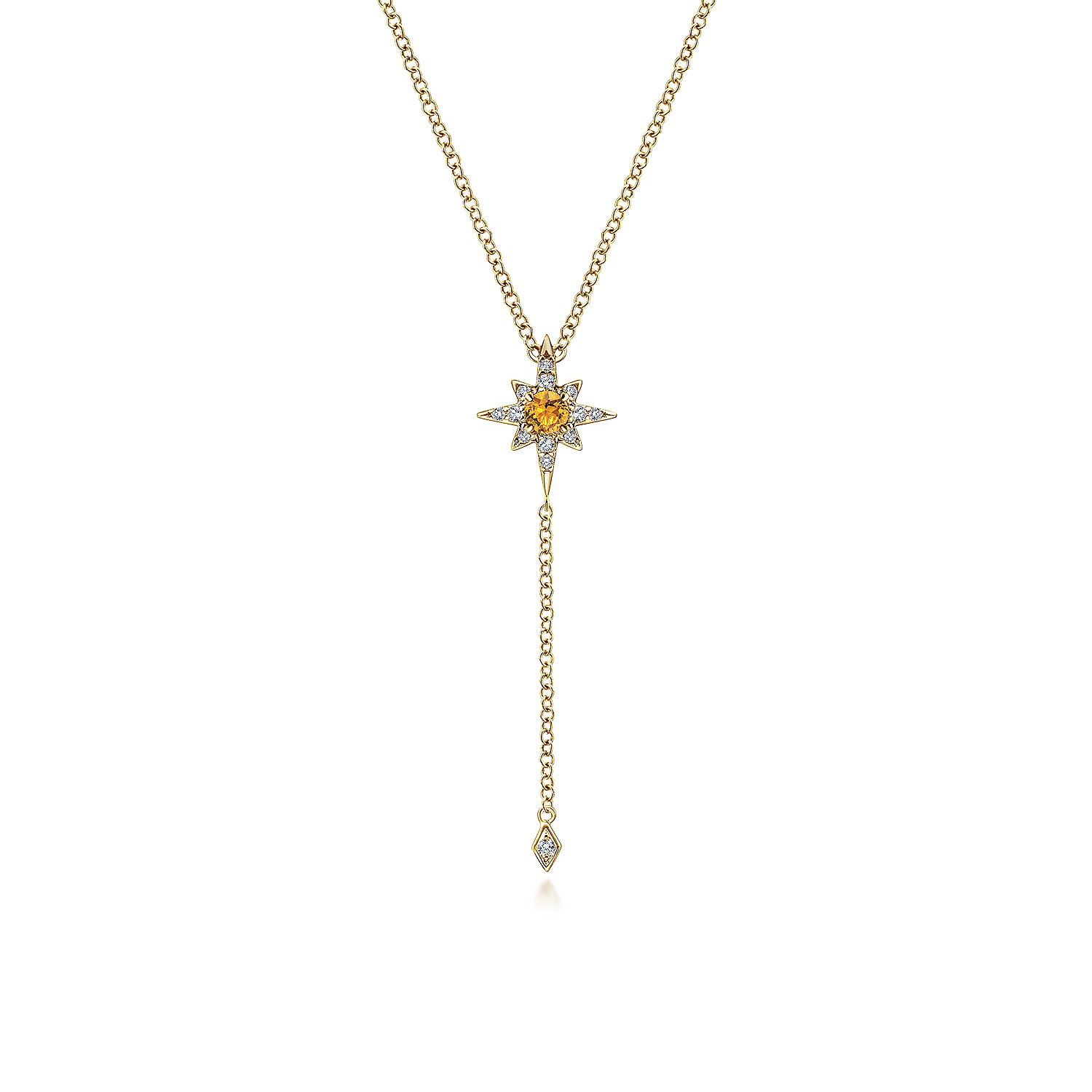 14K Yellow Gold Citrine and Diamond Star Y Necklace with Diamond Drop
