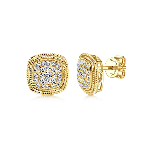 14K Yellow Gold Cluster Diamond Cushion Stud Earrings with Milgrain Border