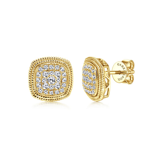 Gabriel - 14K Yellow Gold Cluster Diamond Cushion Stud Earrings with Milgrain Border