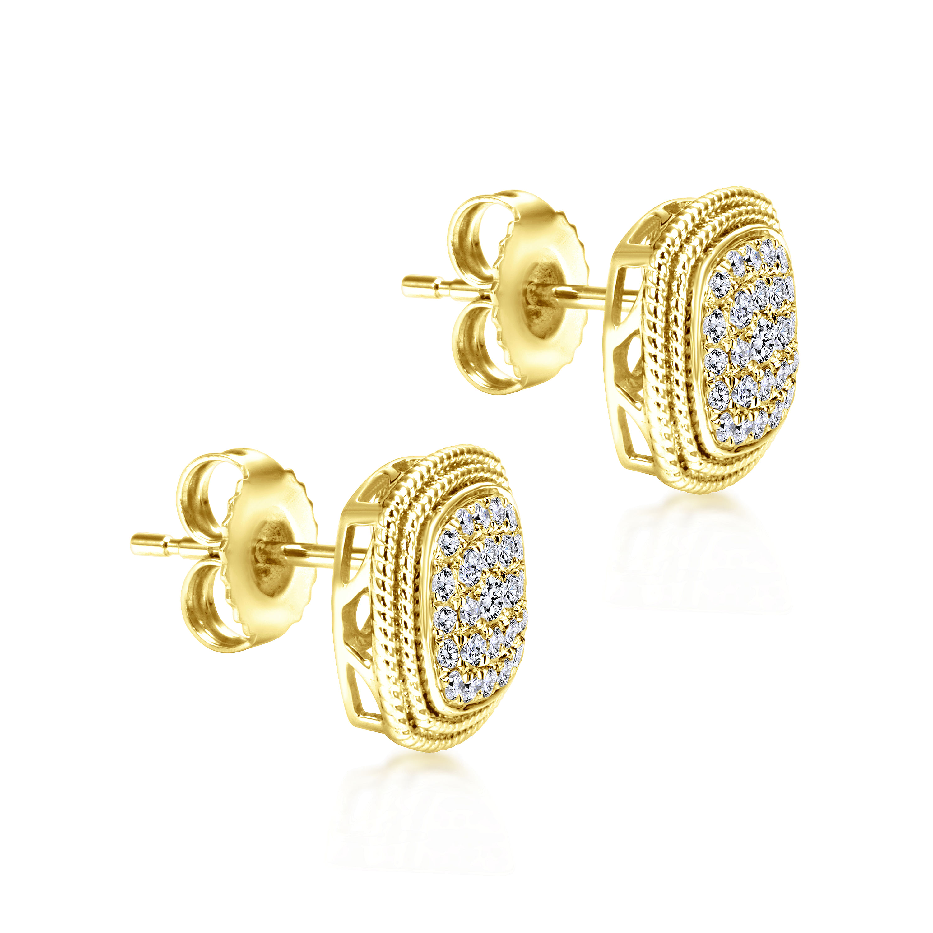 14K Yellow Gold Cluster Diamond Cushion Stud Earrings with Milgrain Border