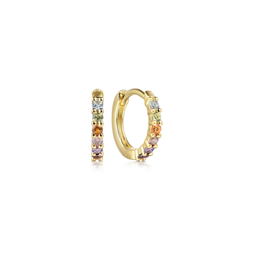 14K Yellow Gold Color Stone Rainbow Huggie Earrings, 10mm 