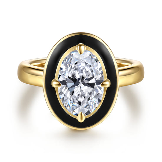 Gabriel - 14K Yellow Gold Compass Bezel Prong Enamel Black Oval Diamond Engagement Ring
