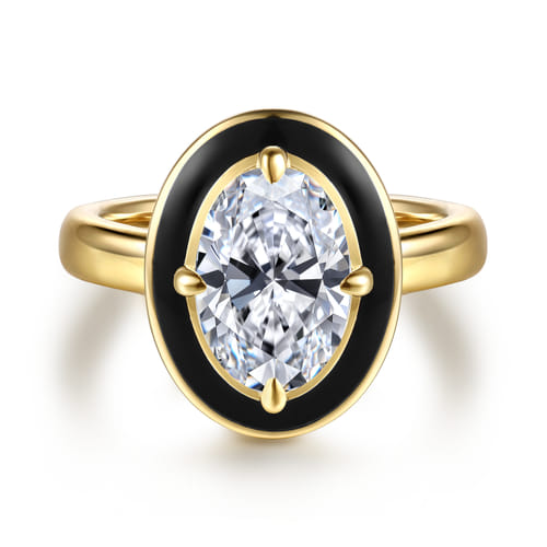 14K Yellow Gold Compass Bezel Prong Enamel Black Oval Diamond Engagement Ring 14K Yellow Gold Compass Bezel Prong Enamel Black Oval Diamond Engagement Ring