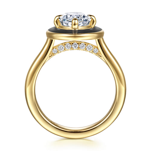 14K Yellow Gold Compass Bezel Prong Enamel Black Oval Diamond Engagement Ring 14K Yellow Gold Compass Bezel Prong Enamel Black Oval Diamond Engagement Ring