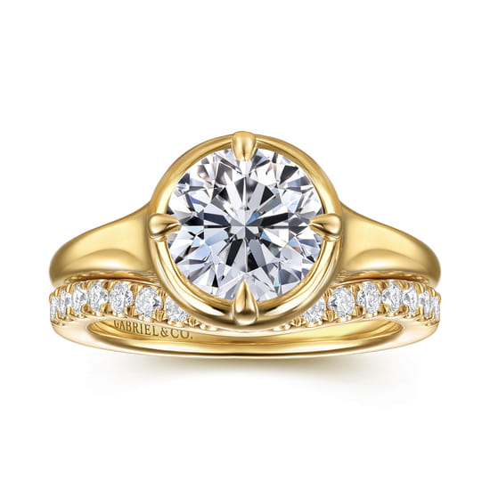 14K Yellow Gold Compass Bezel Prong Round Solitaire Diamond Engagement Ring angle 4