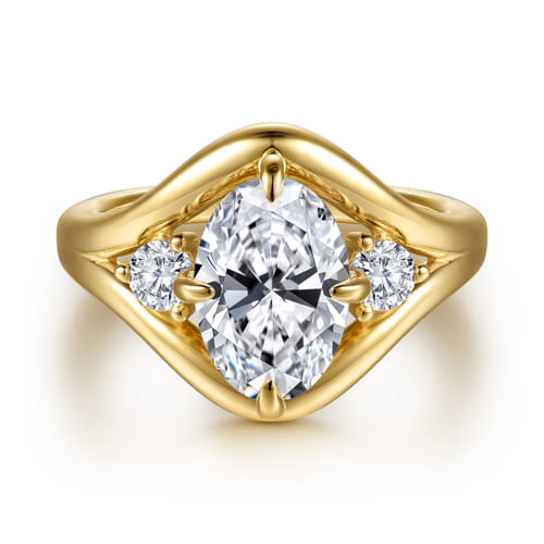 14K Yellow Gold Compass Prong Oval Three Stone Diamond Engagement Ring