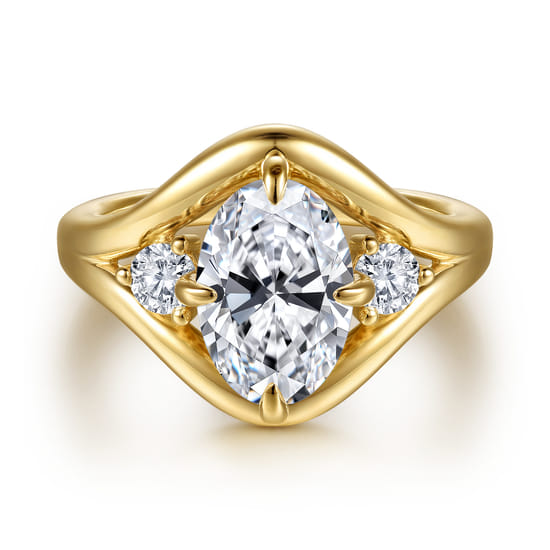 14K Yellow Gold Compass Prong Oval Three Stone Diamond Engagement Ring