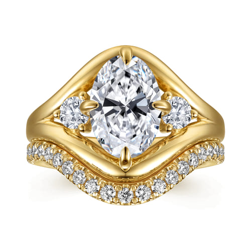 14K Yellow Gold Compass Prong Oval Three Stone Diamond Engagement Ring