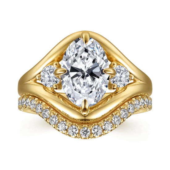 14K Yellow Gold Compass Prong Oval Three Stone Diamond Engagement Ring angle 4