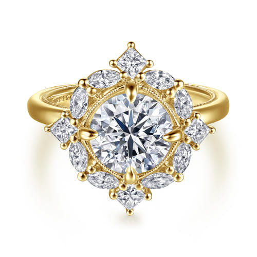 14K Yellow Gold Compass Prong Round Halo Diamond Engagement Ring