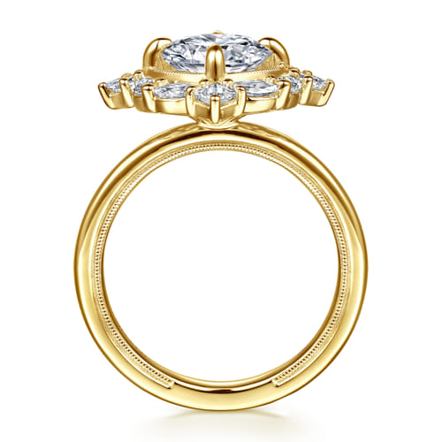 14K Yellow Gold Compass Prong Round Halo Diamond Engagement Ring
