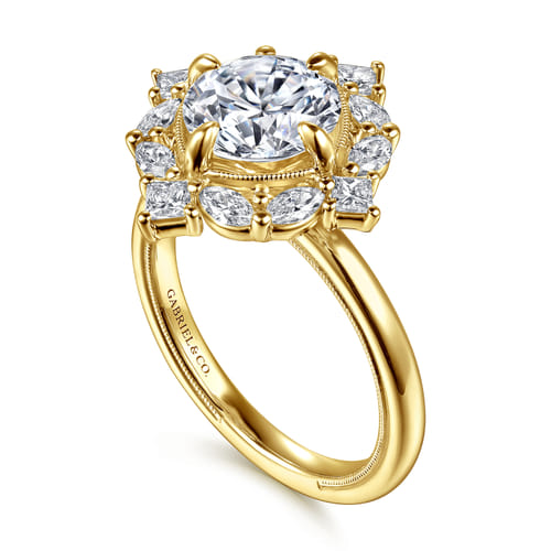 14K Yellow Gold Compass Prong Round Halo Diamond Engagement Ring