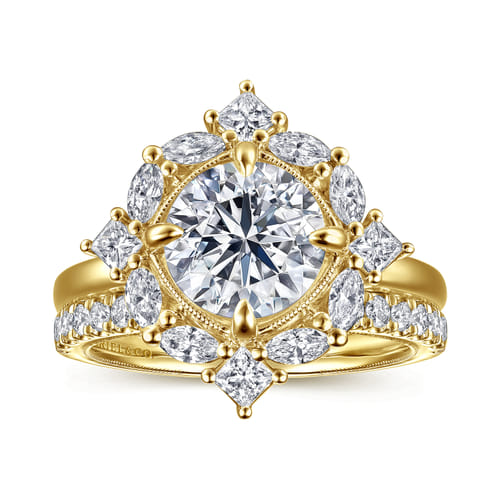 14K Yellow Gold Compass Prong Round Halo Diamond Engagement Ring