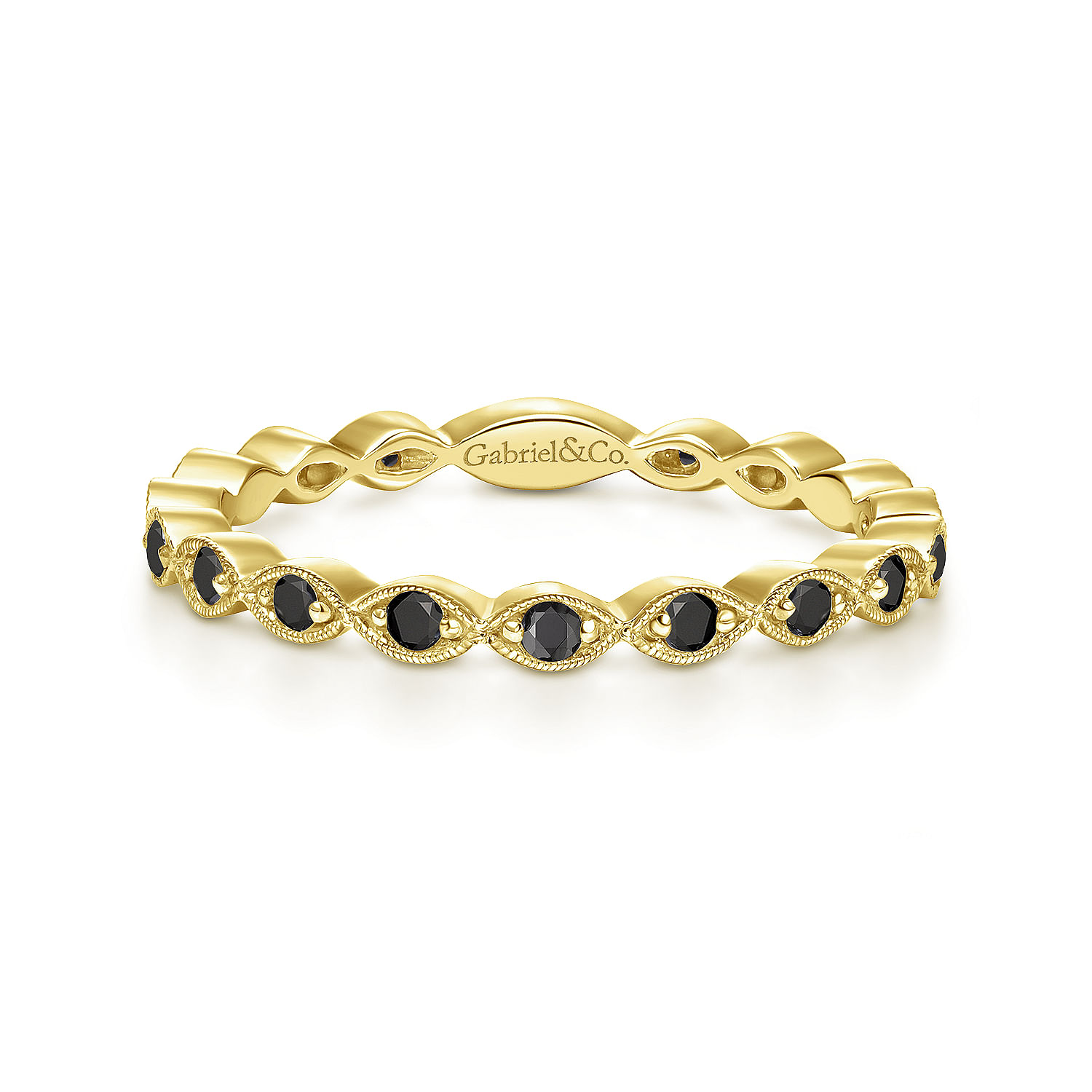 14K Yellow Gold Contoured Marquise Station Black Diamond Stackable Ring