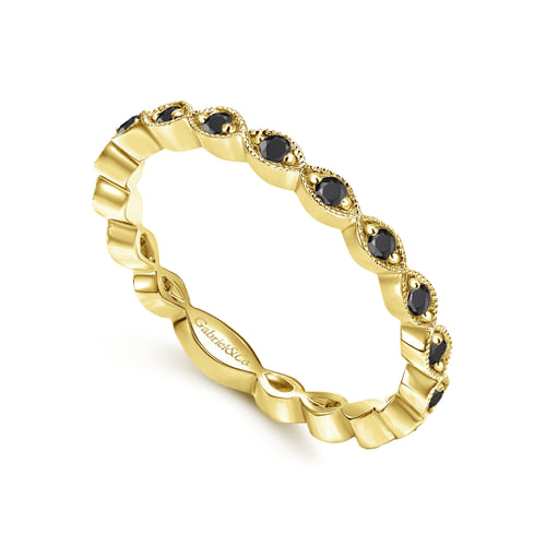 14K Yellow Gold Contoured Marquise Station Black Diamond Stackable Ring