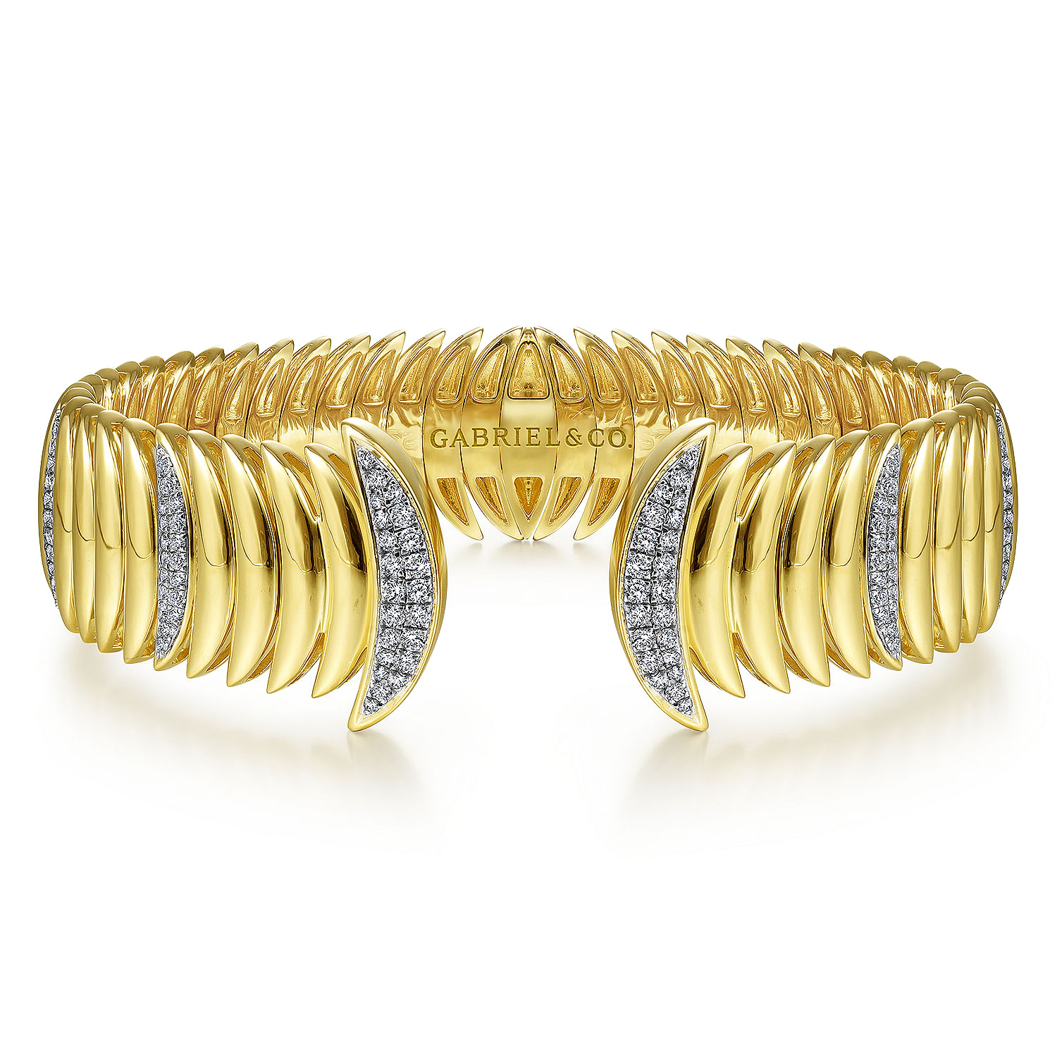 Gabriel - 14K Yellow Gold Crescent Moon Open Cuff Bracelet with Diamond Pavé Stations