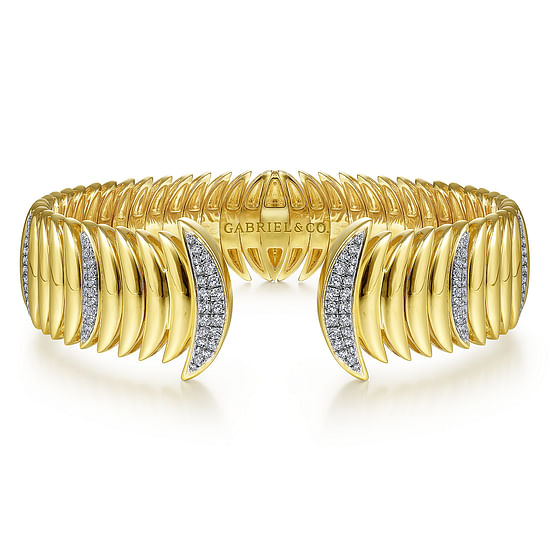 Gabriel - 14K Yellow Gold Crescent Moon Open Cuff Bracelet with Diamond Pavé Stations