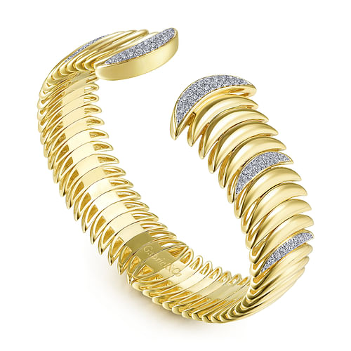 14K Yellow Gold Crescent Moon Open Cuff Bracelet with Diamond Pavé Stations