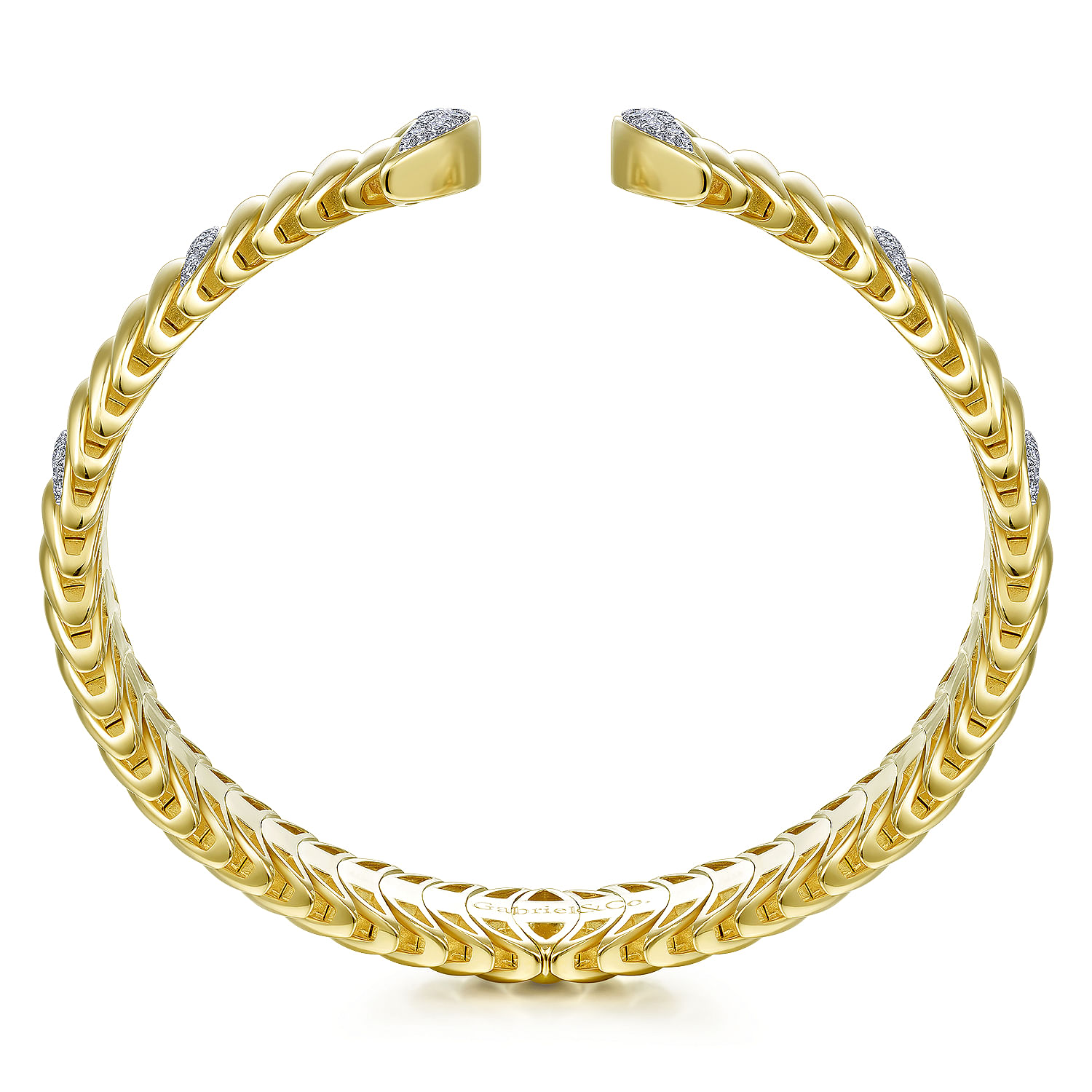 14K Yellow Gold Crescent Moon Open Cuff Bracelet with Diamond Pavé Stations