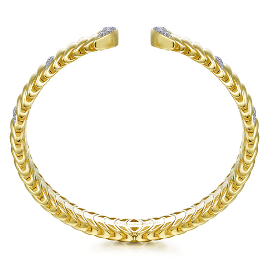 14K Yellow Gold Crescent Moon Open Cuff Bracelet with Diamond Pavé Stations angle 3
