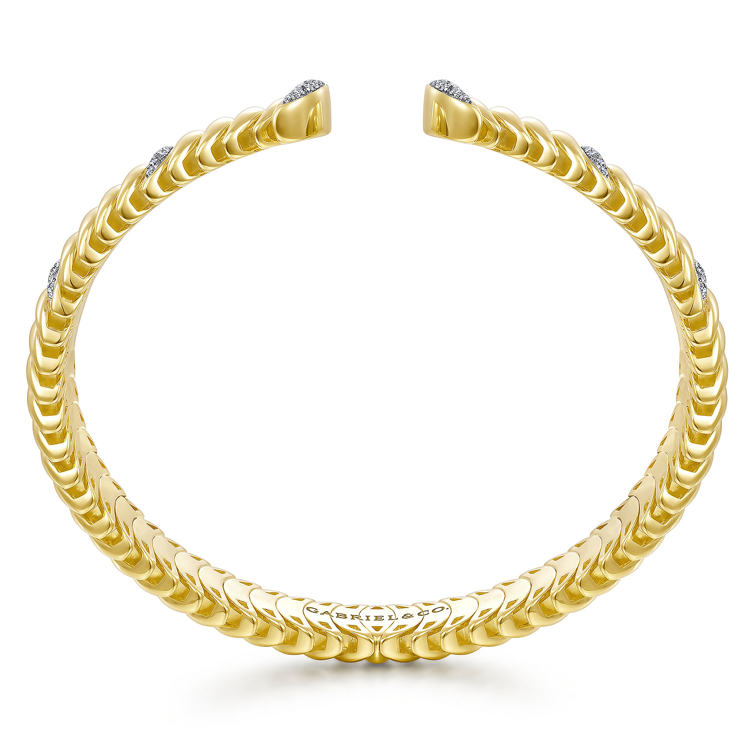 14K Yellow Gold Crescent Moon Open Cuff Bracelet with Diamond Pavé Stations