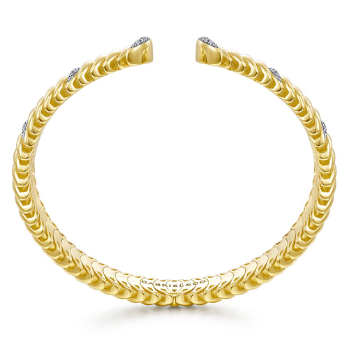 14K Yellow Gold Crescent Moon Open Cuff Bracelet with Diamond Pavé Stations