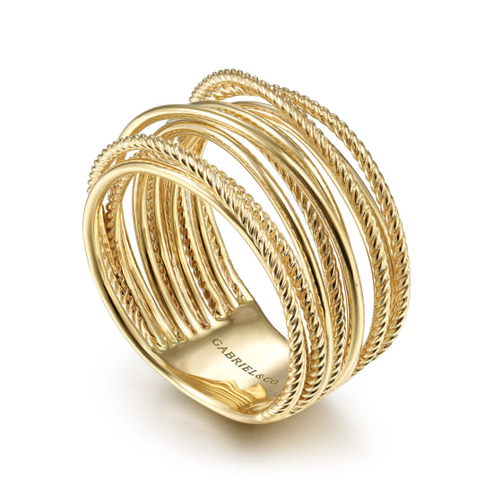 14K Yellow Gold Criss Crossing Twisted Rope Ring angle 3