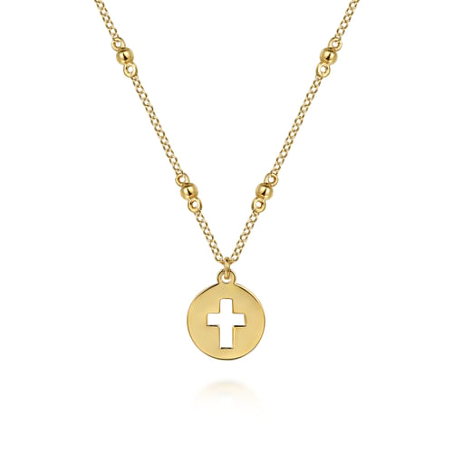 14K Yellow Gold Cross Cutout Pendant Necklace