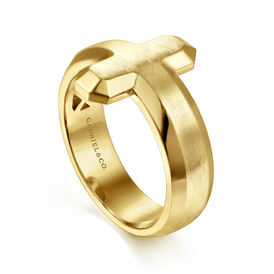 14K Yellow Gold Cross Men's Faceted Ring angle 3